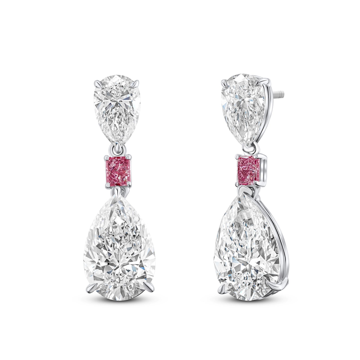 Pear Diamond and Pink Radiant Diamond Drop Earrings