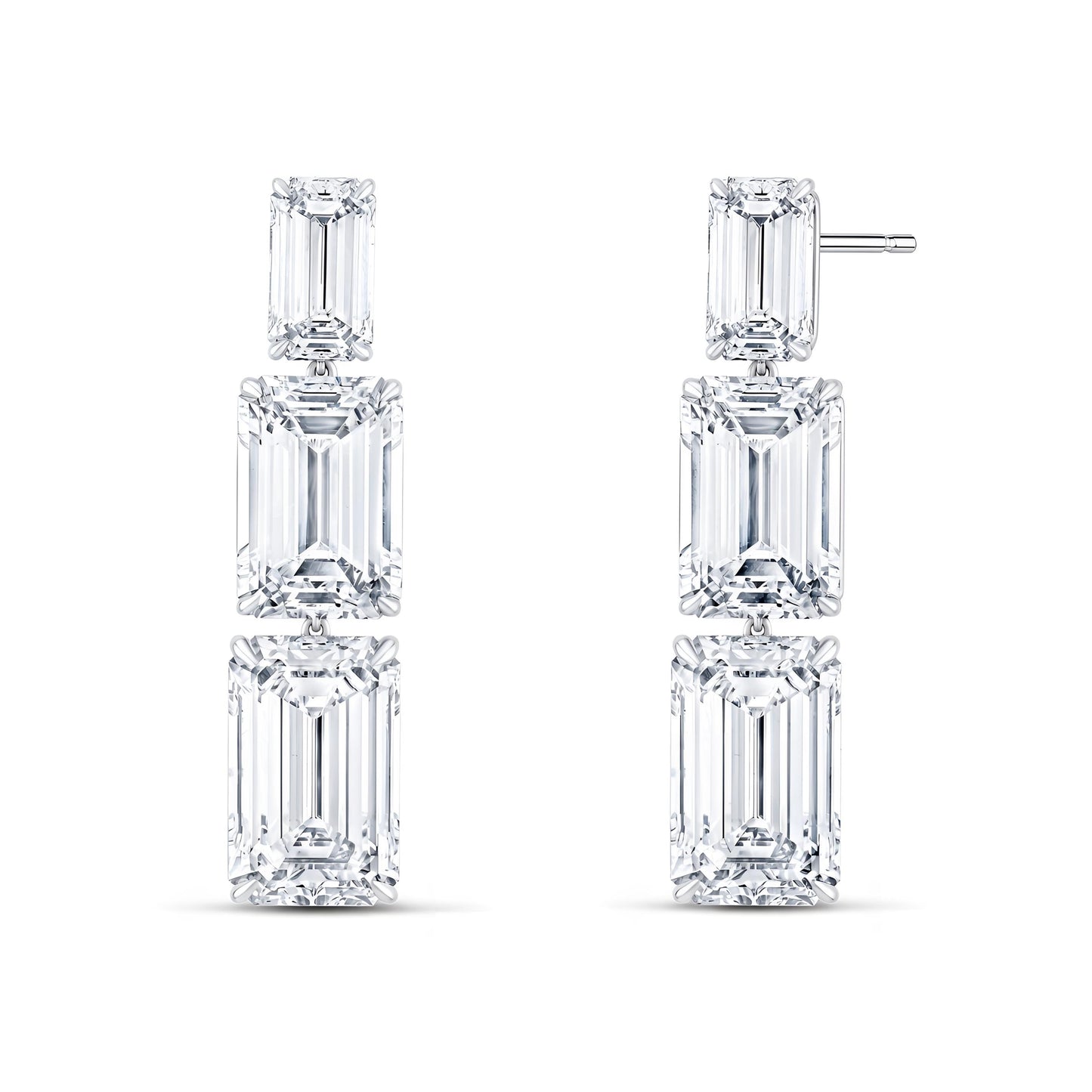 Triple emerald cut diamond earrings