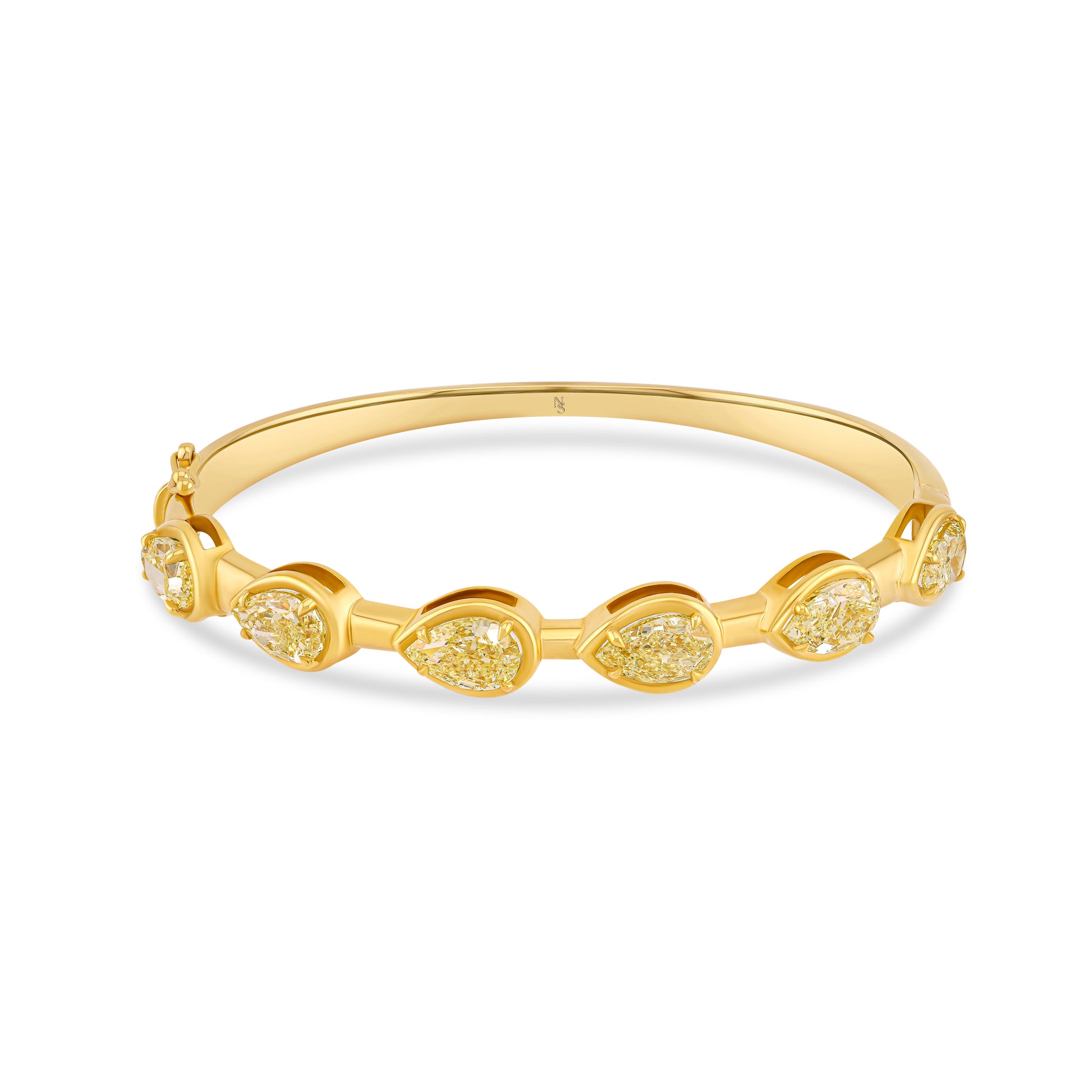 A yellow gold hinged bangle bracelet featuring a row of marquise-cut yellow diamonds on a clean white background. 