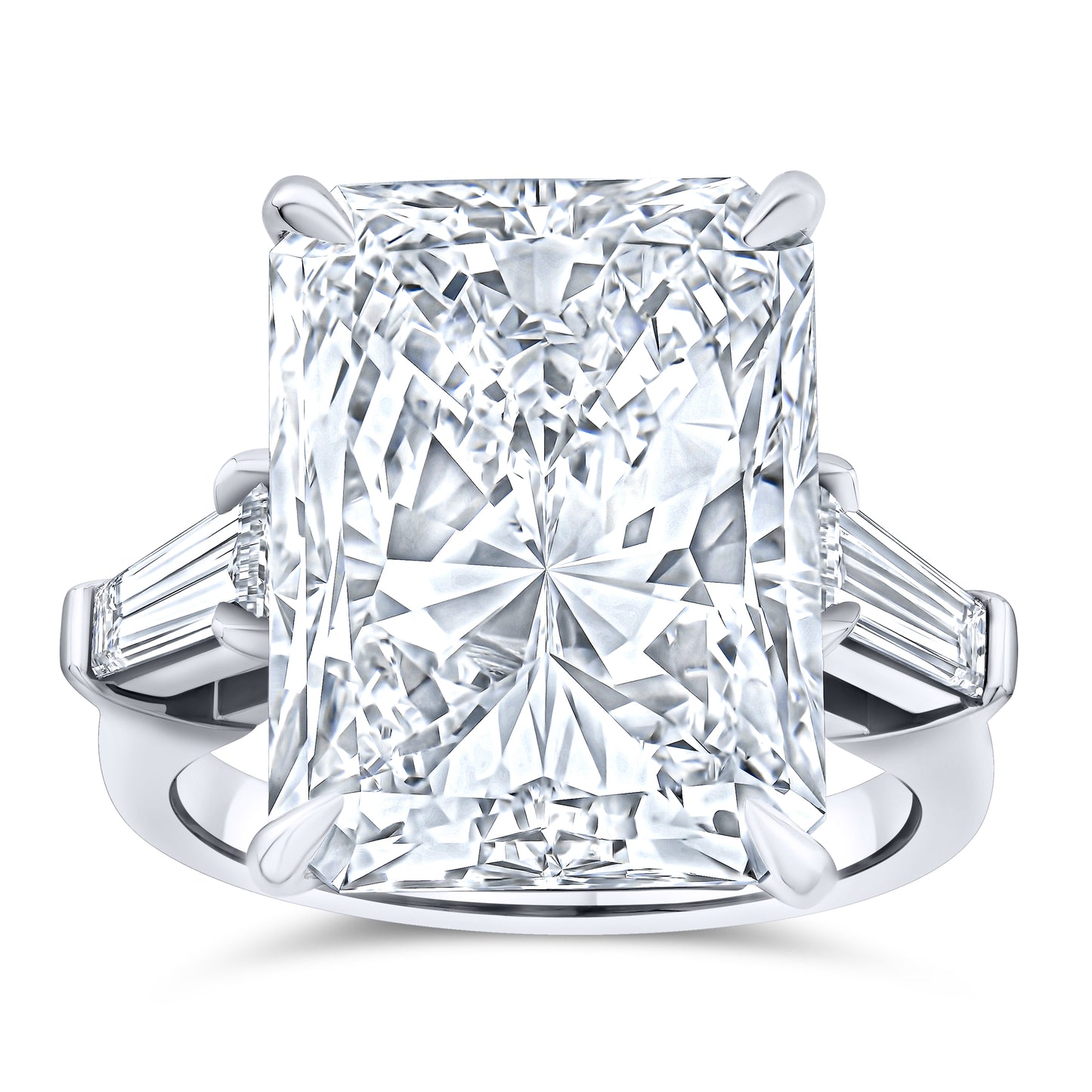 Radiant Three Stone Diamond ring with tapered baguette side stones

