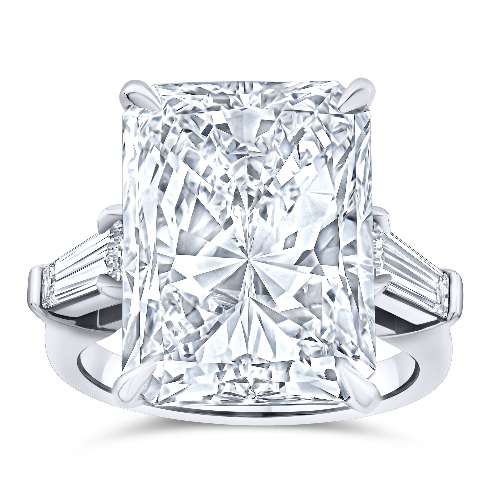 Radiant Three Stone Diamond ring with tapered baguette side stones
