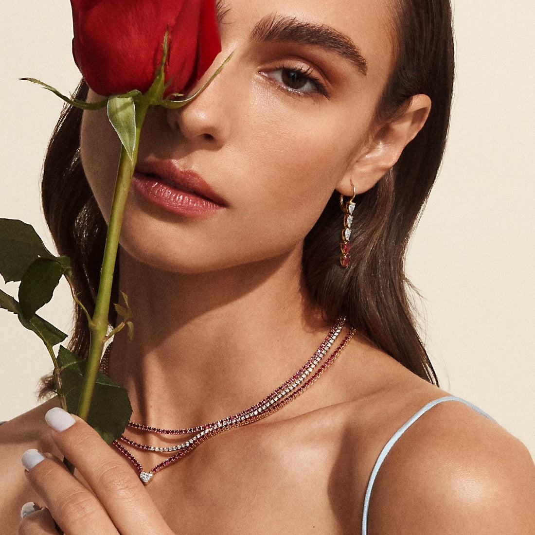 Ruby Straight Line Necklace with Diamond Accent designed by Norman Silverman.