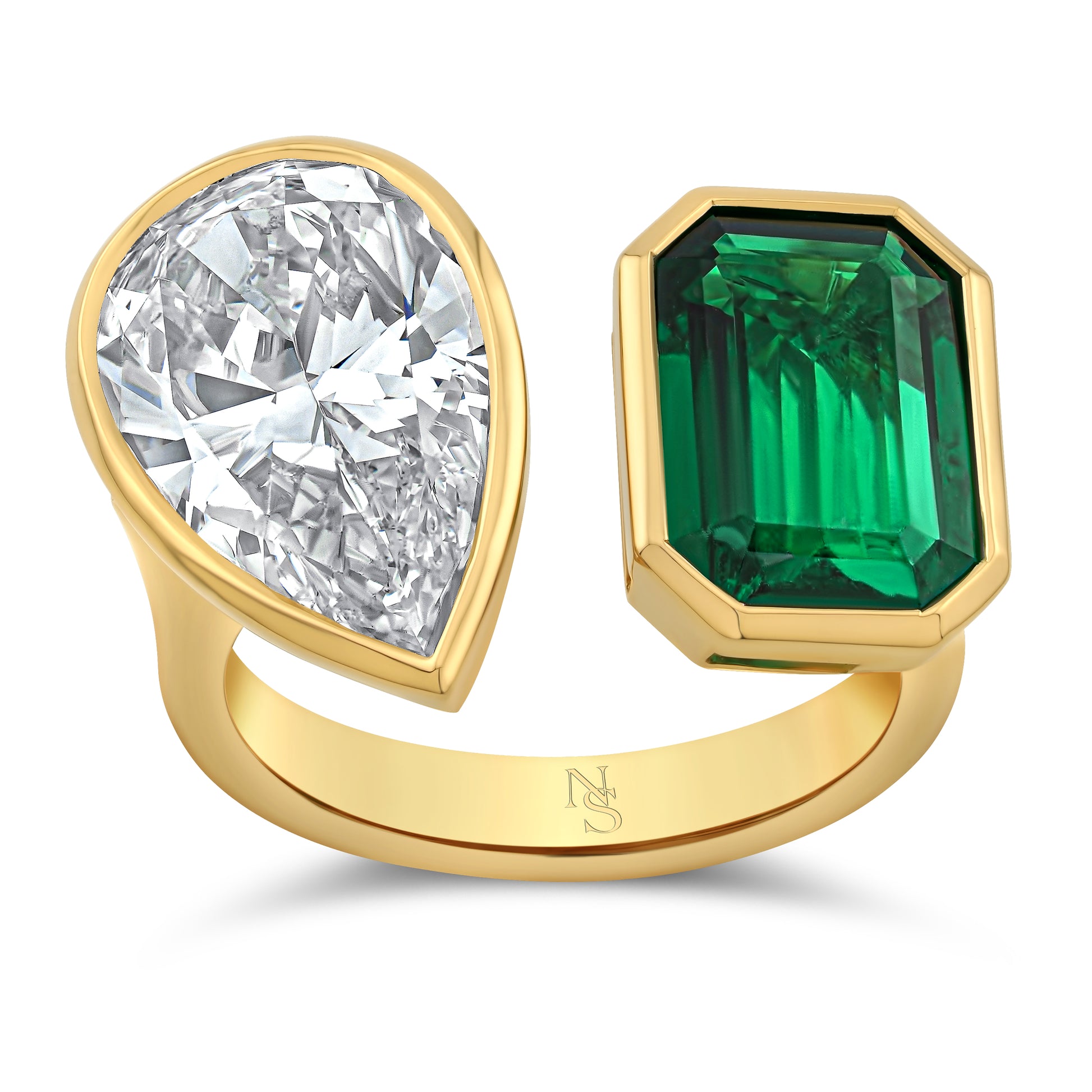 Twin Emerald and Diamond Bypass Ring on white background