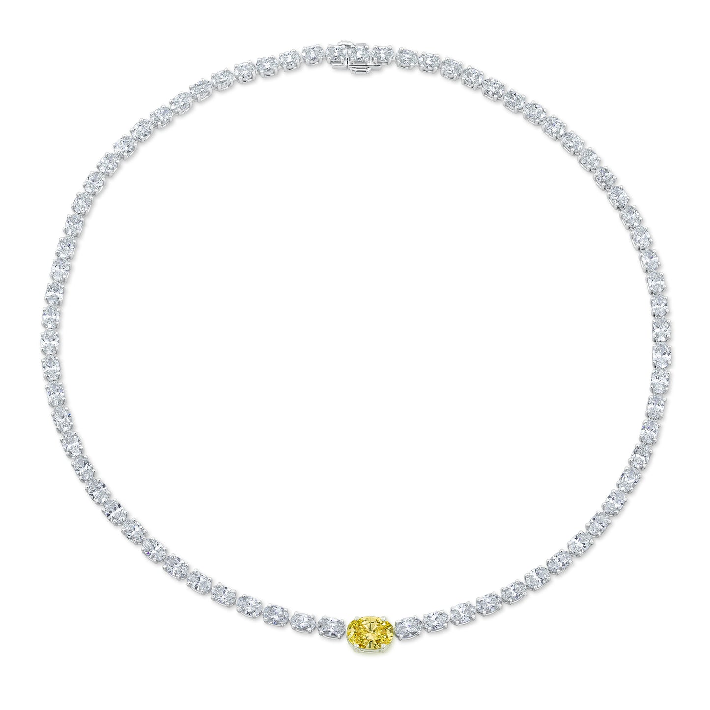 East West Oval Cut Diamond Necklace with a Fancy Light Yellow Center Stone