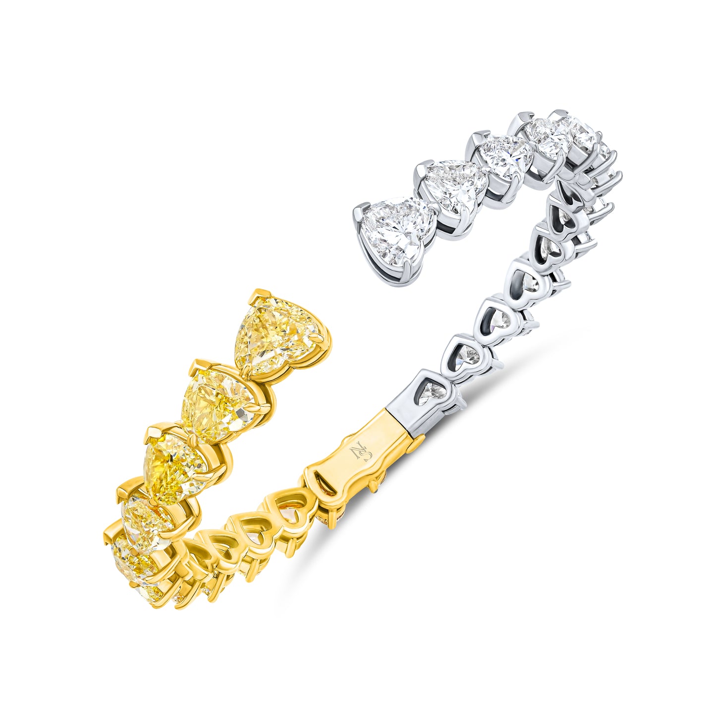 Fancy Yellow and White Diamond Heart Shaped Hinged Bangle