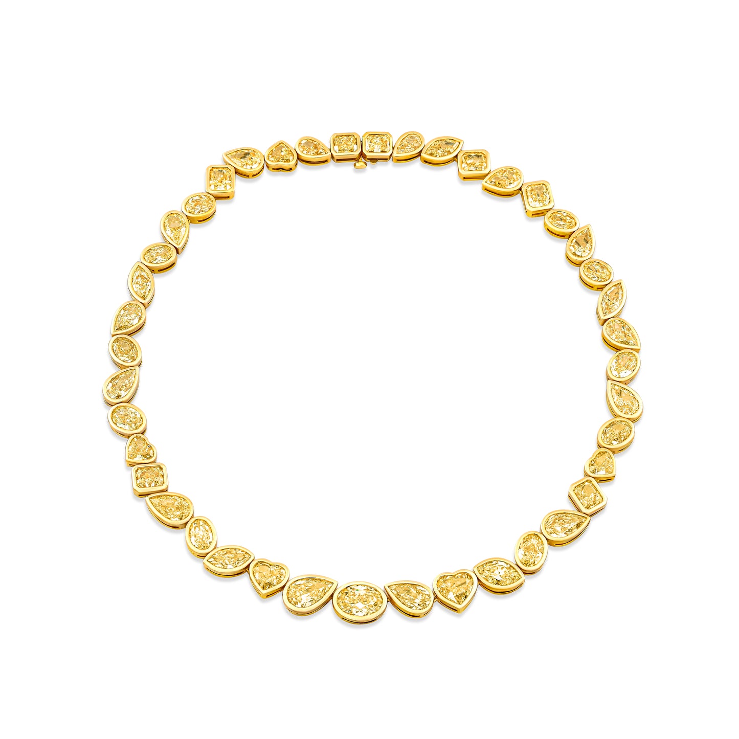 Gold necklace with pear, heart, marquise, and oval-shaped yellow diamonds on a white background