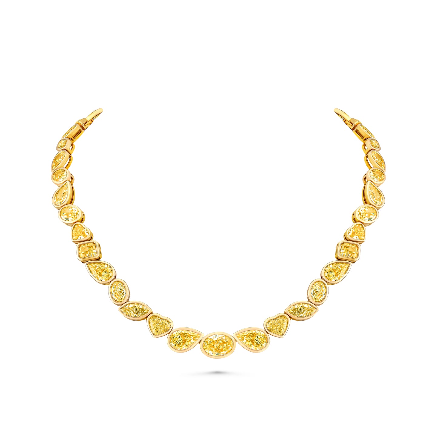 Gold necklace with mixed shaped yellow diamonds on a white background