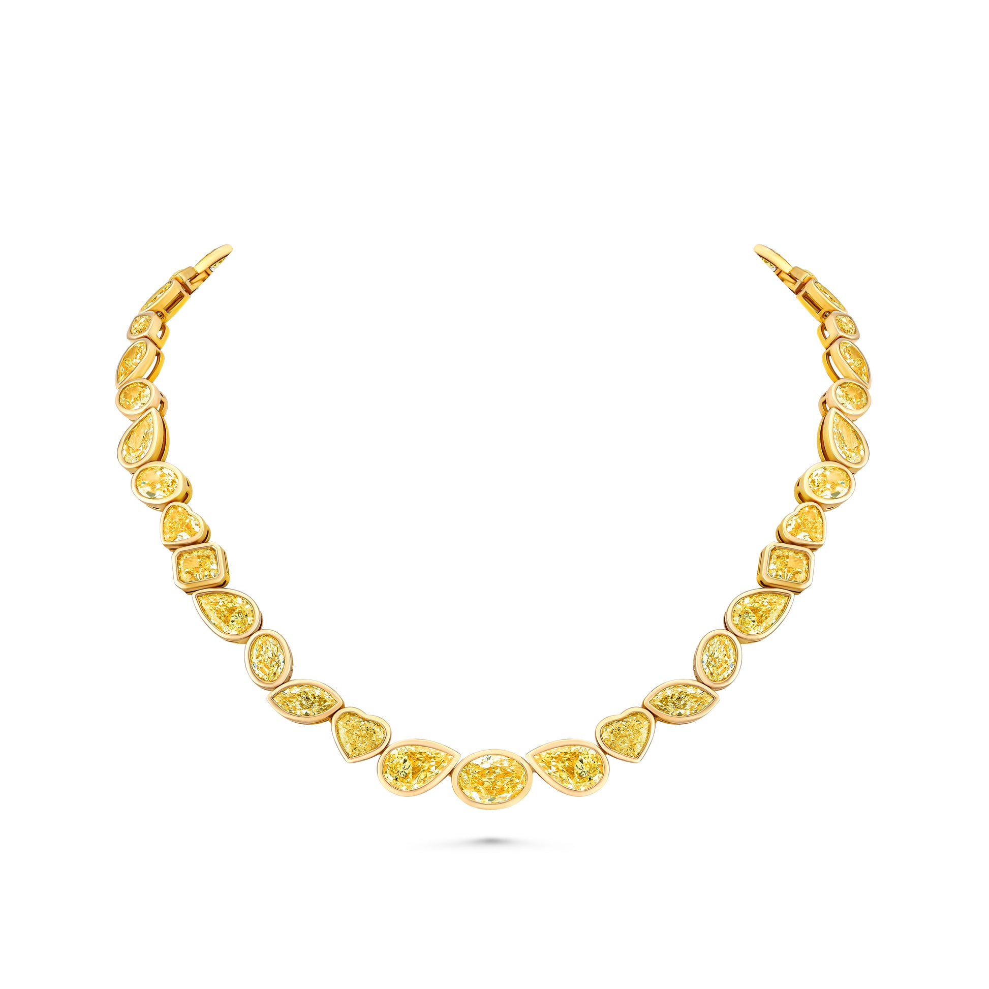 Gold necklace with mixed shaped yellow diamonds on a white background