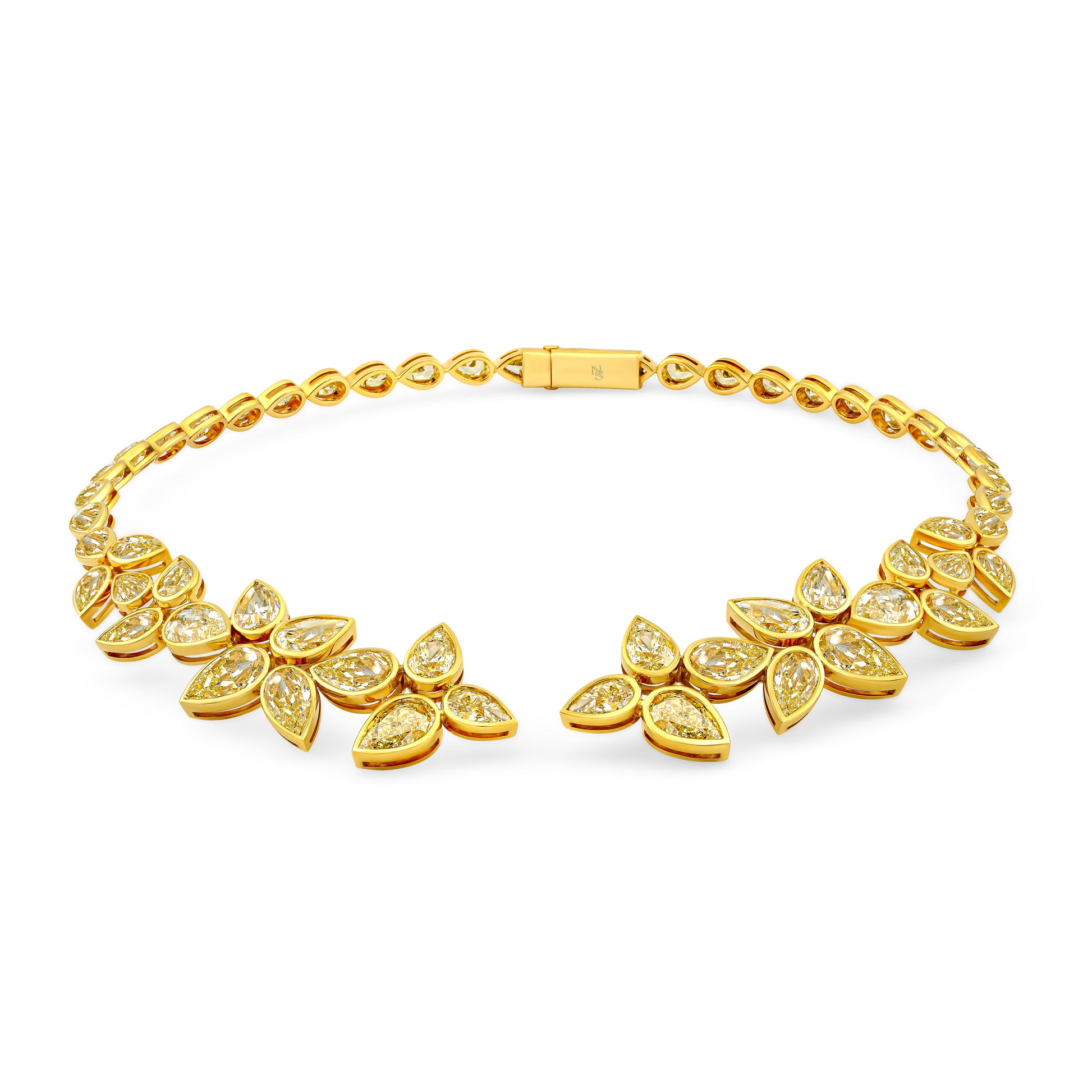 A fancy yellow pear diamond choker necklace set in 18k yellow gold with a series of pear-shaped diamonds.