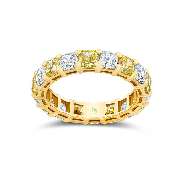 Gold eternity band with alternating yellow and white diamonds on a white background