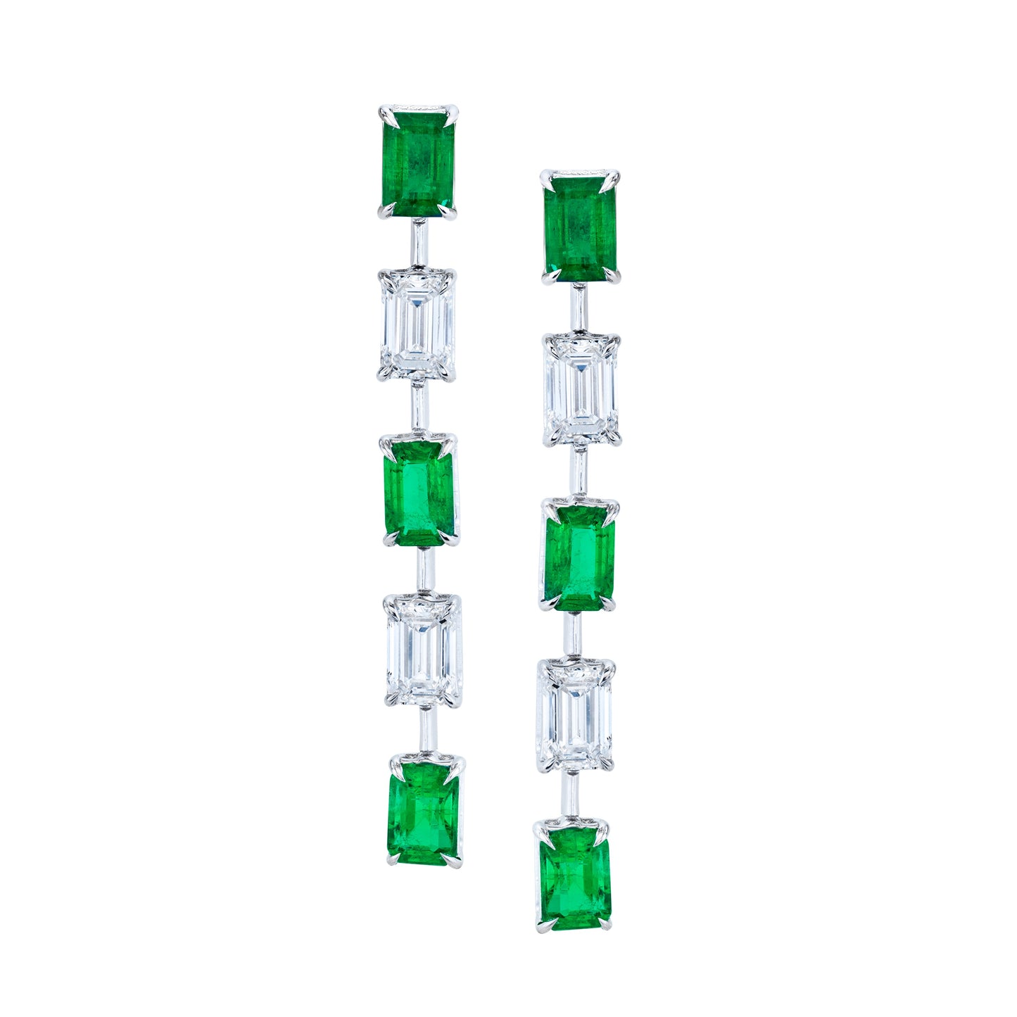 Green Emeralds and Emerald-cut Diamond Earrings