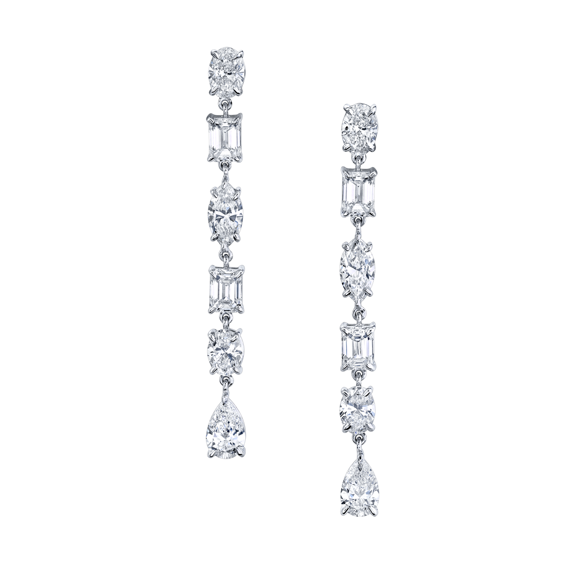 A pair of white gold dangle earrings with alternating shapes of diamonds.