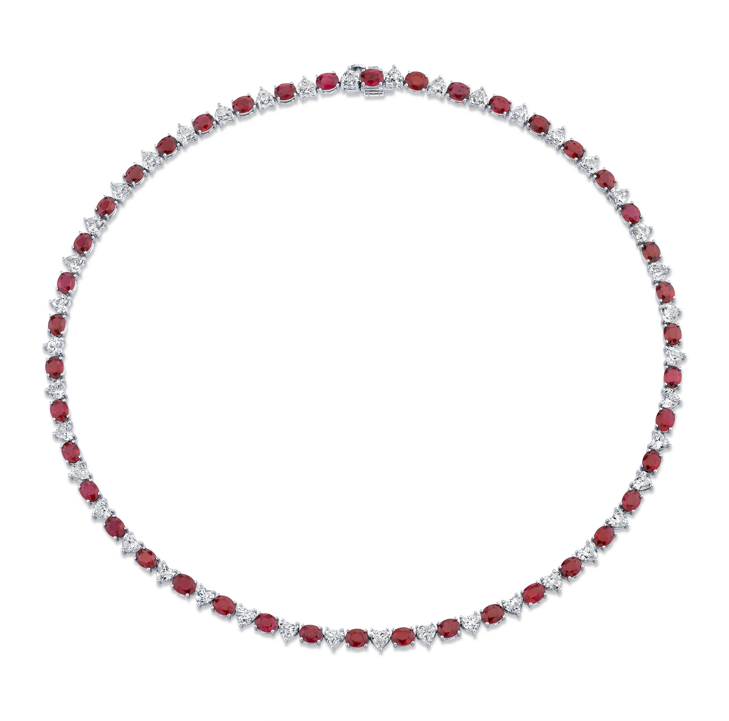An 18k white gold oval ruby necklace with alternating red rubies  and white diamonds.