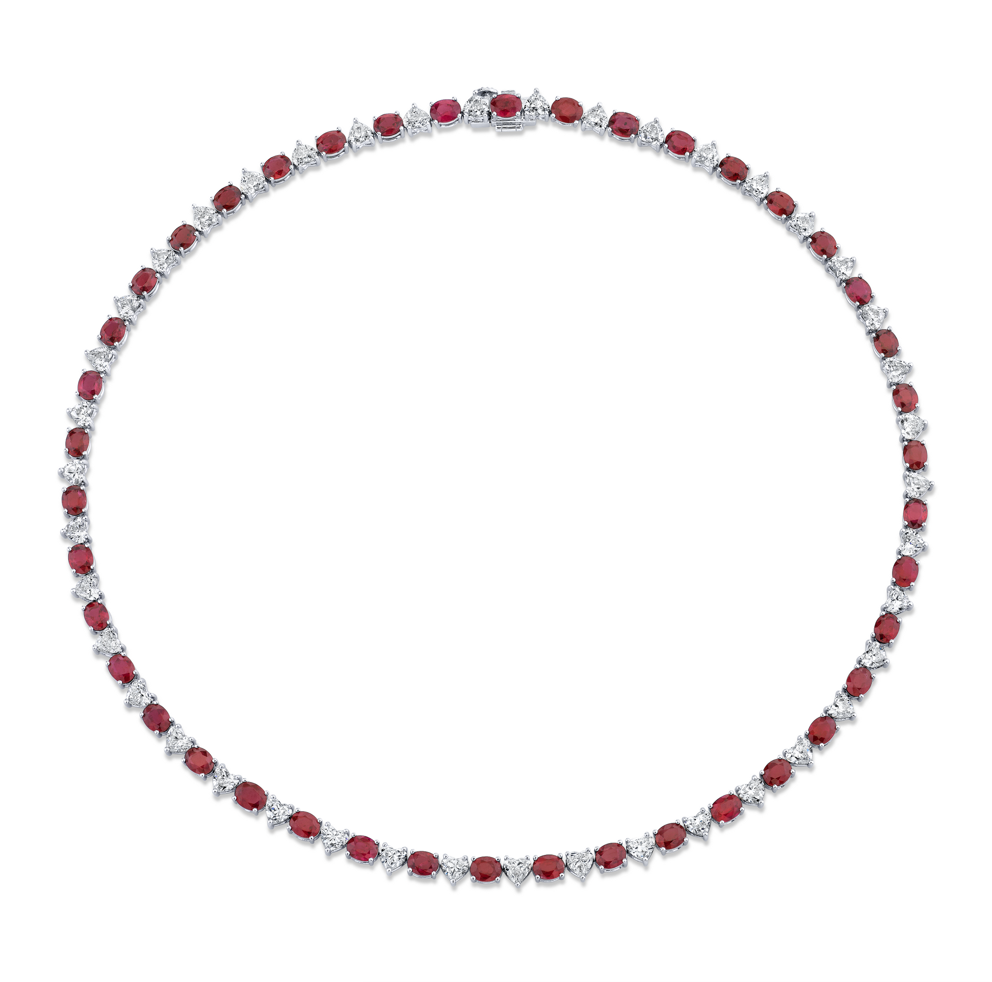 An 18k white gold oval ruby necklace with alternating red rubies  and white diamonds.
