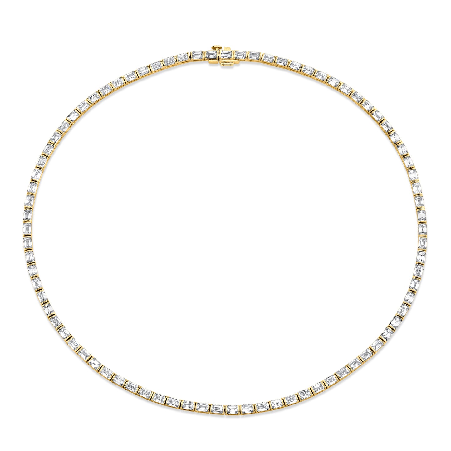 An 18k yellow gold emerald cut diamond bezel-set necklace with multiple diamonds set throughout.