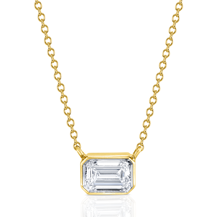 East West Emerald Cut Bezel Set Pendant with Cable Chain