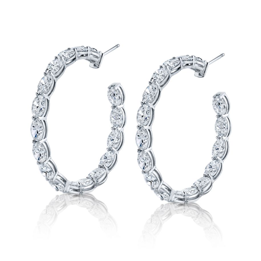 Oval Diamond Hoop Earrings in 18k White Gold