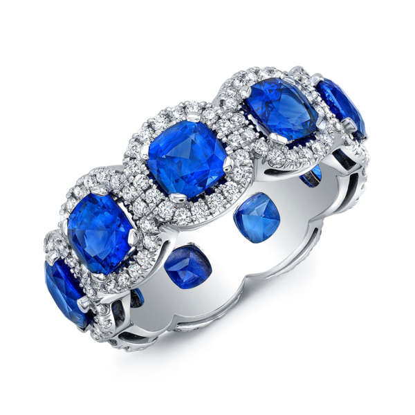 Platinum Cushion-Cut Blue Sapphires Pavé Halo Eternity Band