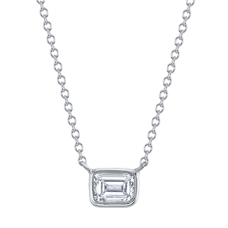 2.14tcw 14K Gold Vertical Emerald Cut and Round Dangle 4 Prong Pendant