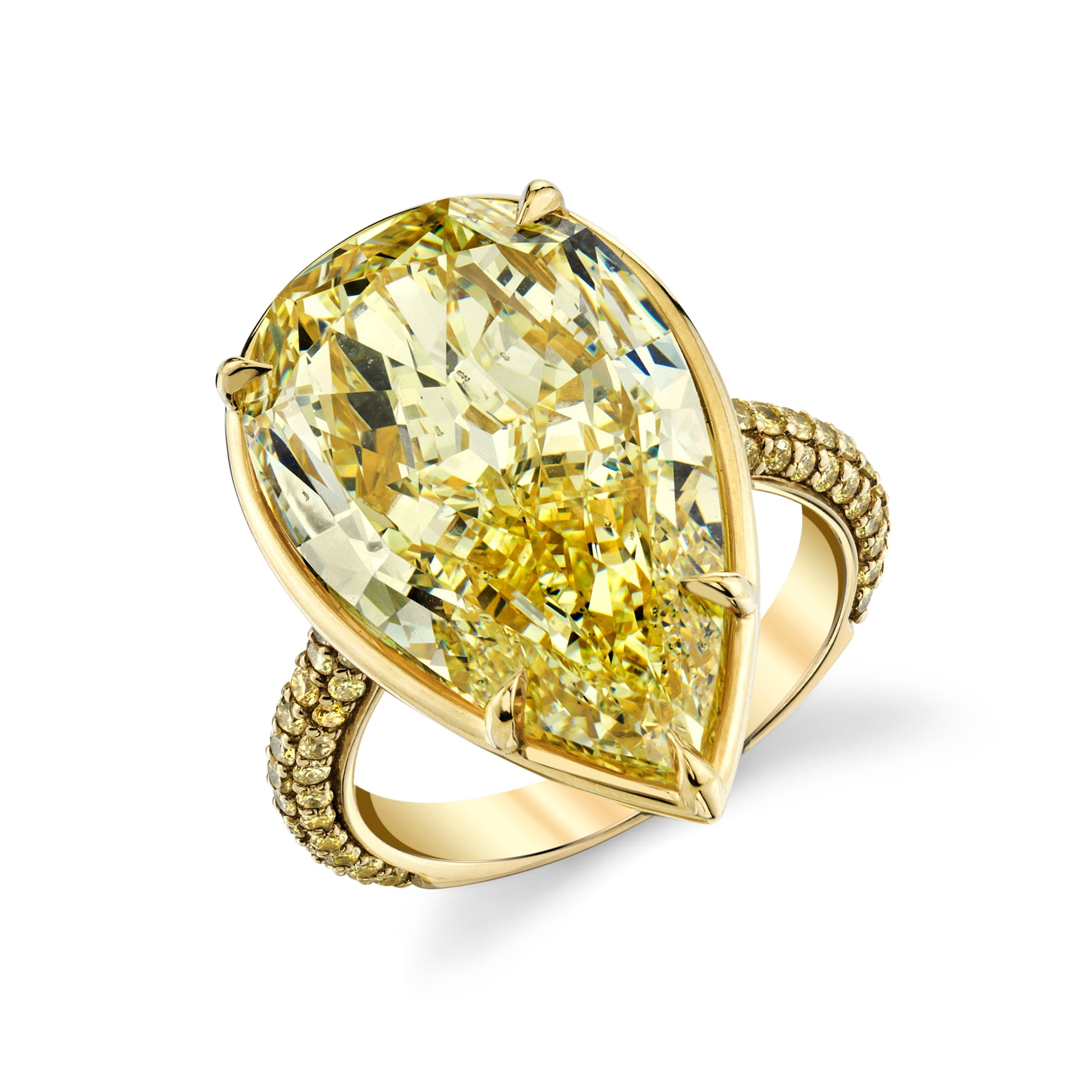 A pear shape fancy light yellow diamond ring with smaller diamonds set in 18k yellow gold