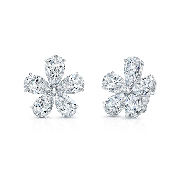 Platinum diamond floret earrings featuring pear-shaped diamonds shaped in a floral design.
