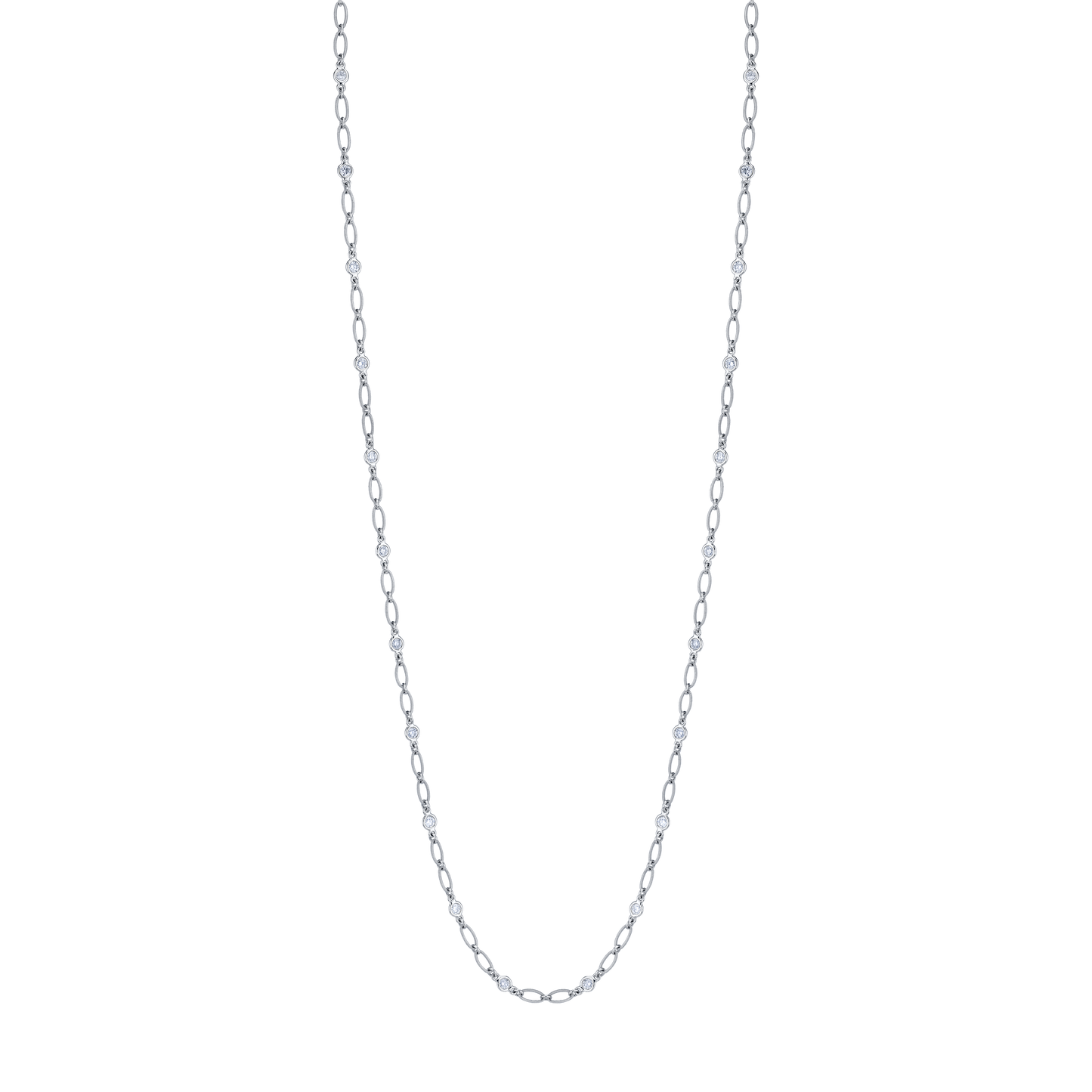 Close-up of round diamonds by the inch necklace in white gold showing spaced diamonds