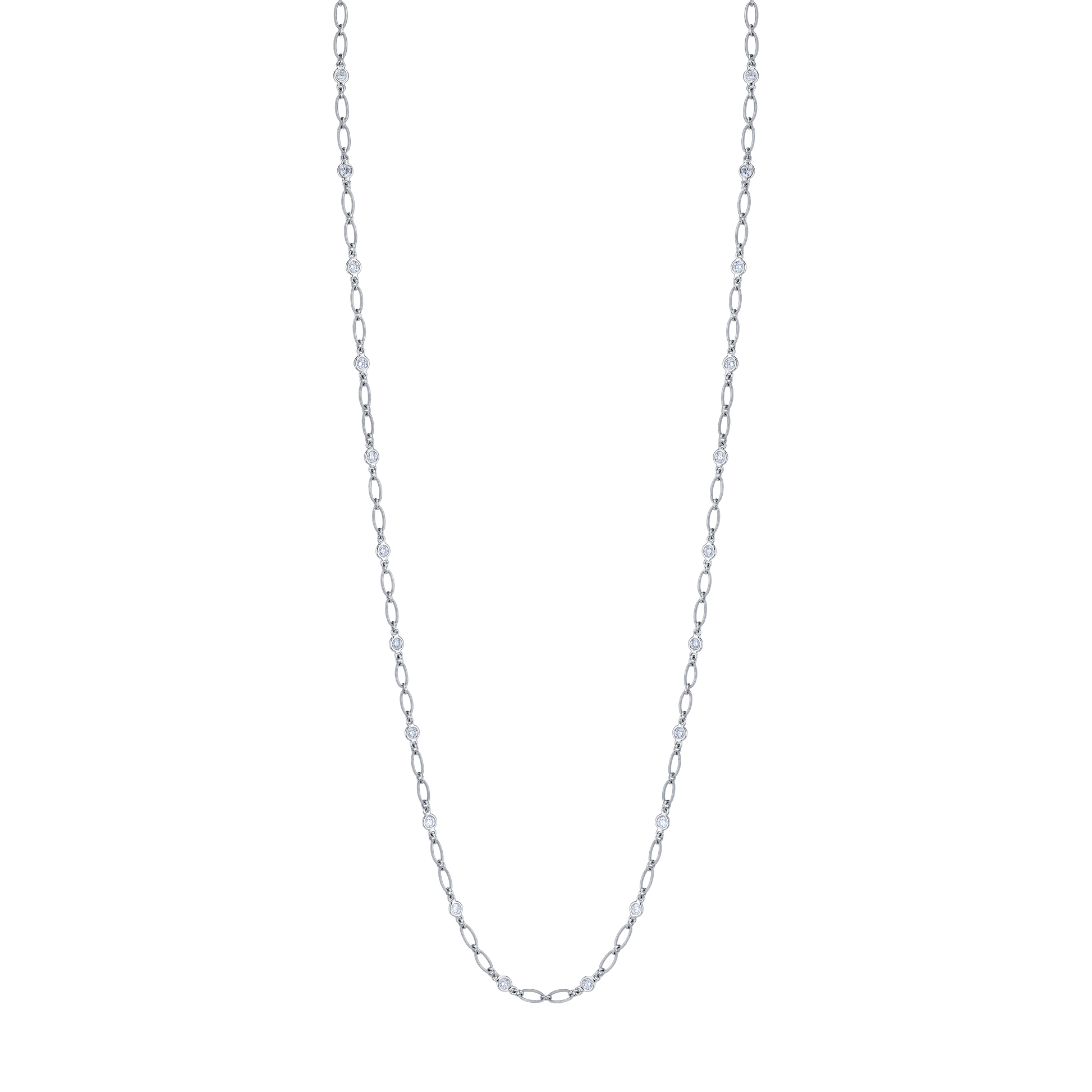 Close-up of round diamonds by the inch necklace in white gold showing spaced diamonds