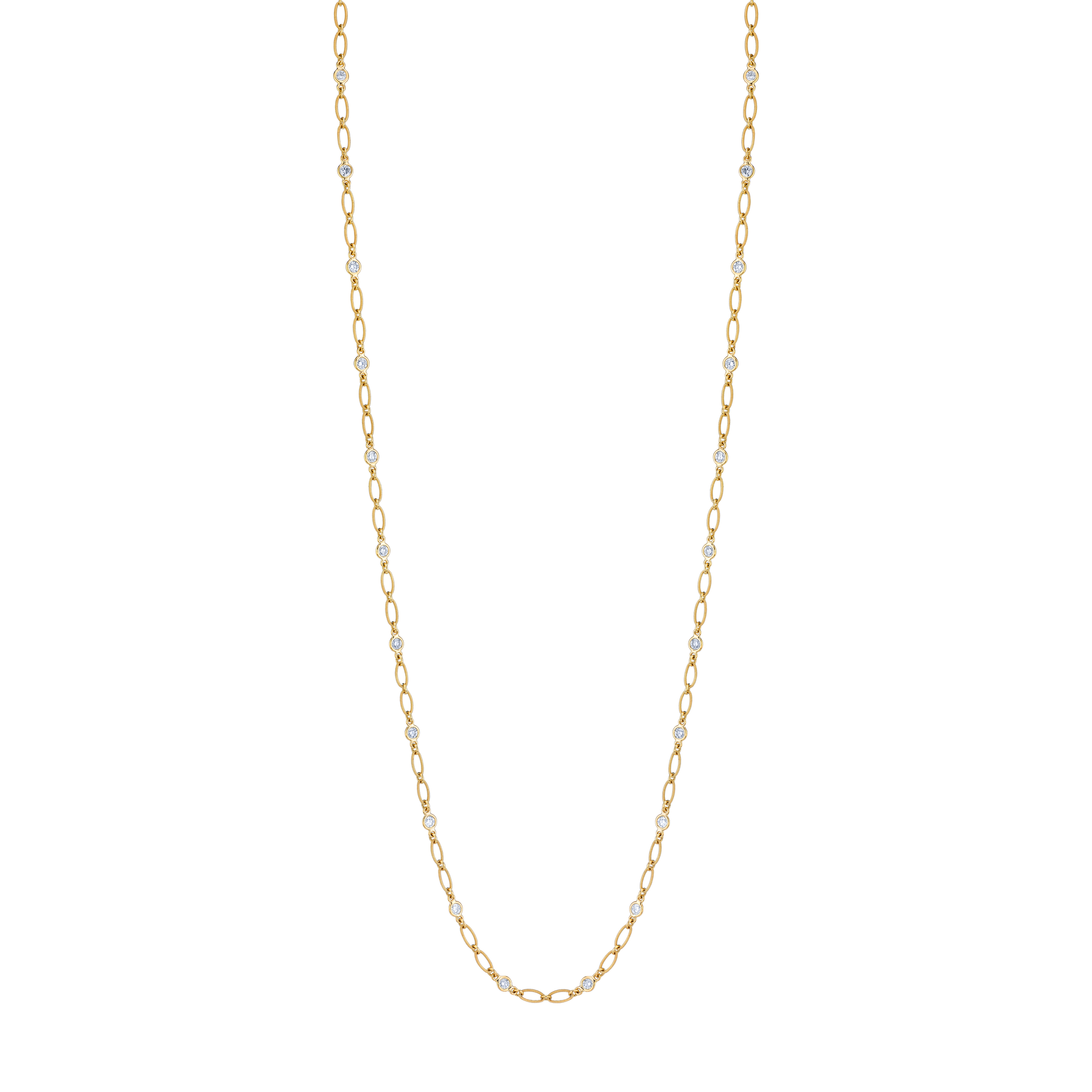 Long round diamonds by the inch necklace in yellow gold