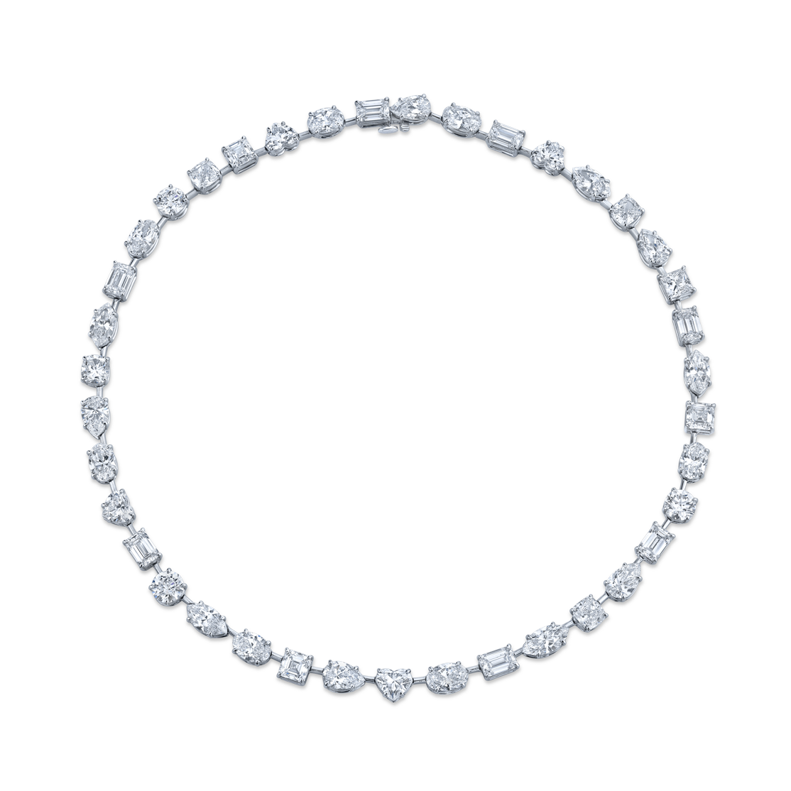A platinum necklace featuring a series of round and fancy shaped diamonds.