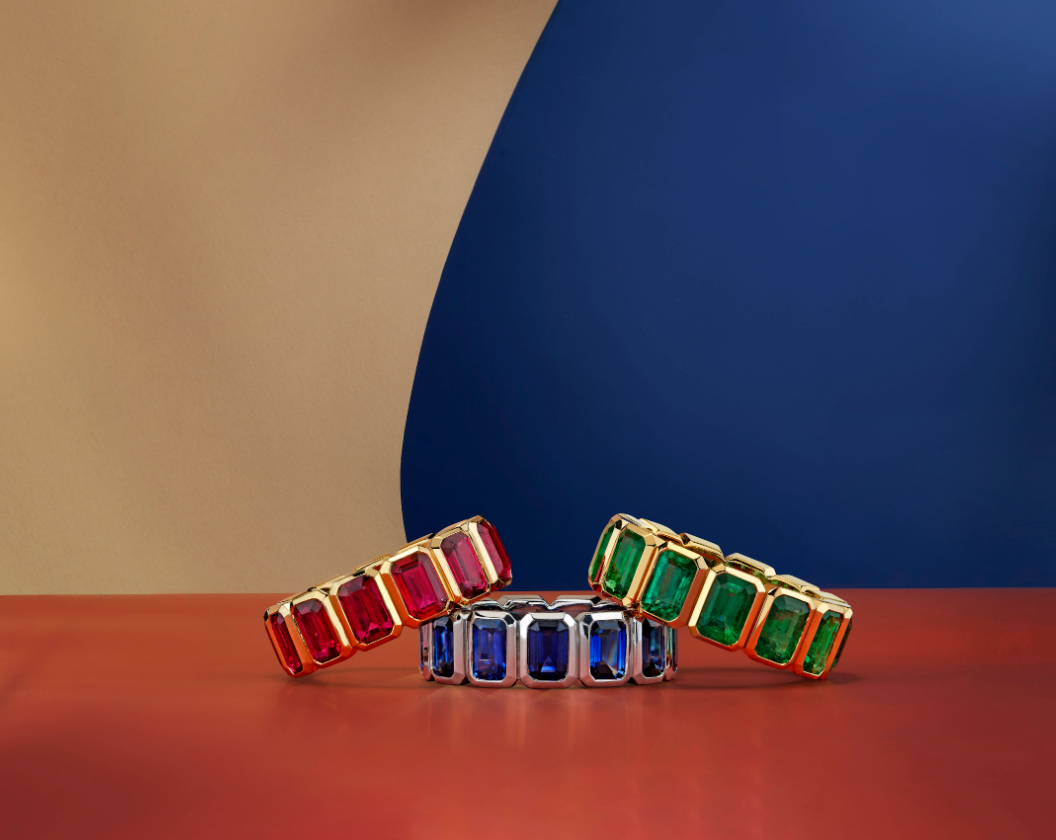 18k Yellow Gold Emerald Cut Ruby Eternity Band