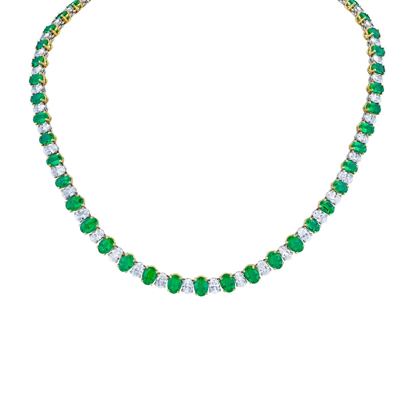 Alternating Oval Diamonds and Green Emeralds Necklace