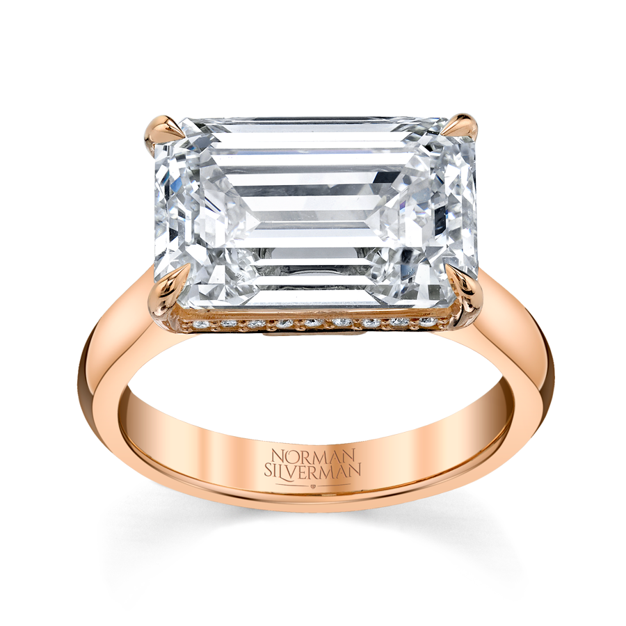 East West Diamond Ring with Emerald Cut Center and Hidden Halo