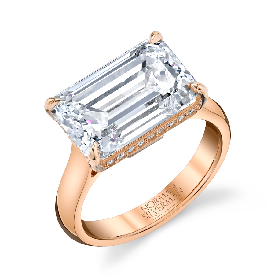 East West Diamond Ring with Emerald Cut Center and Hidden Halo