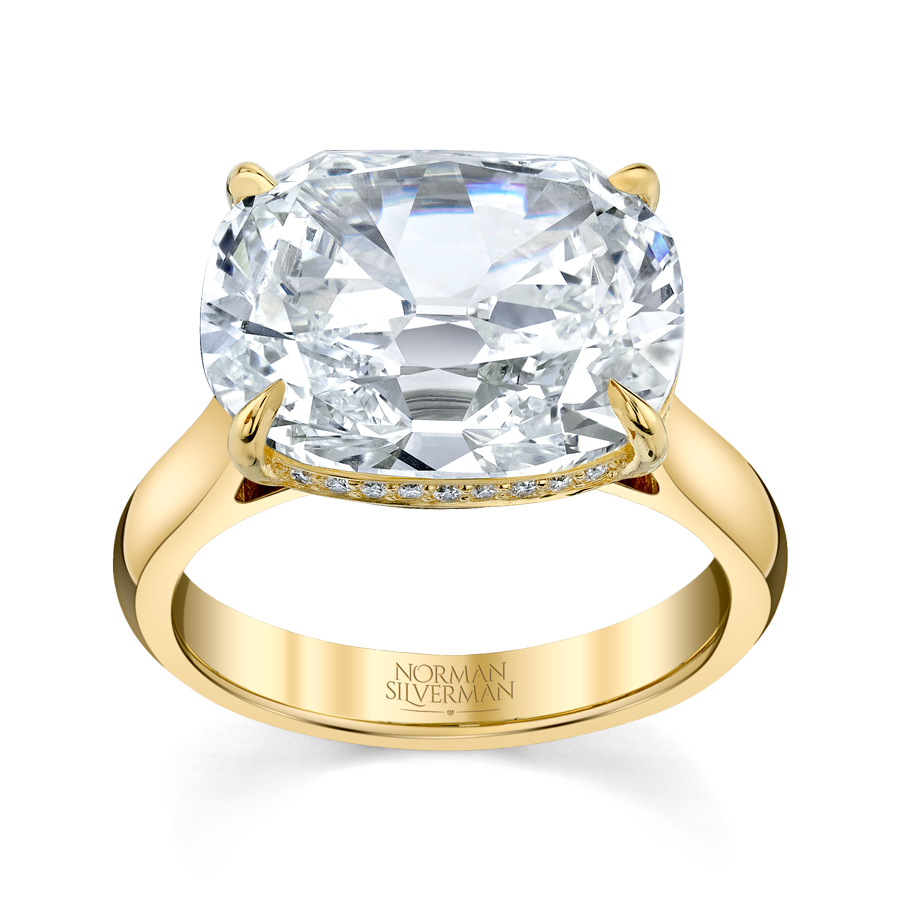 East West Diamond Ring with Cushion Cut Center and Hidden Halo
