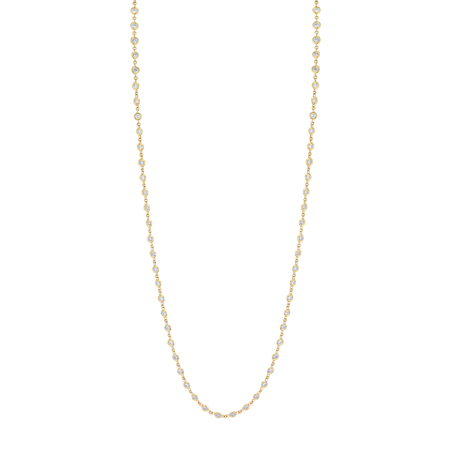 Close-up of round diamonds by the inch necklace in yellow gold highlighting diamond spacing