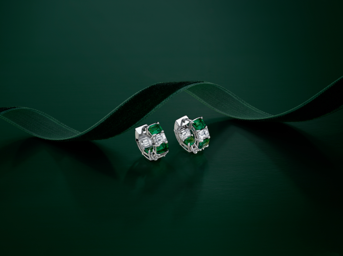 Alternating Diamond & Emerald Huggie Earrings