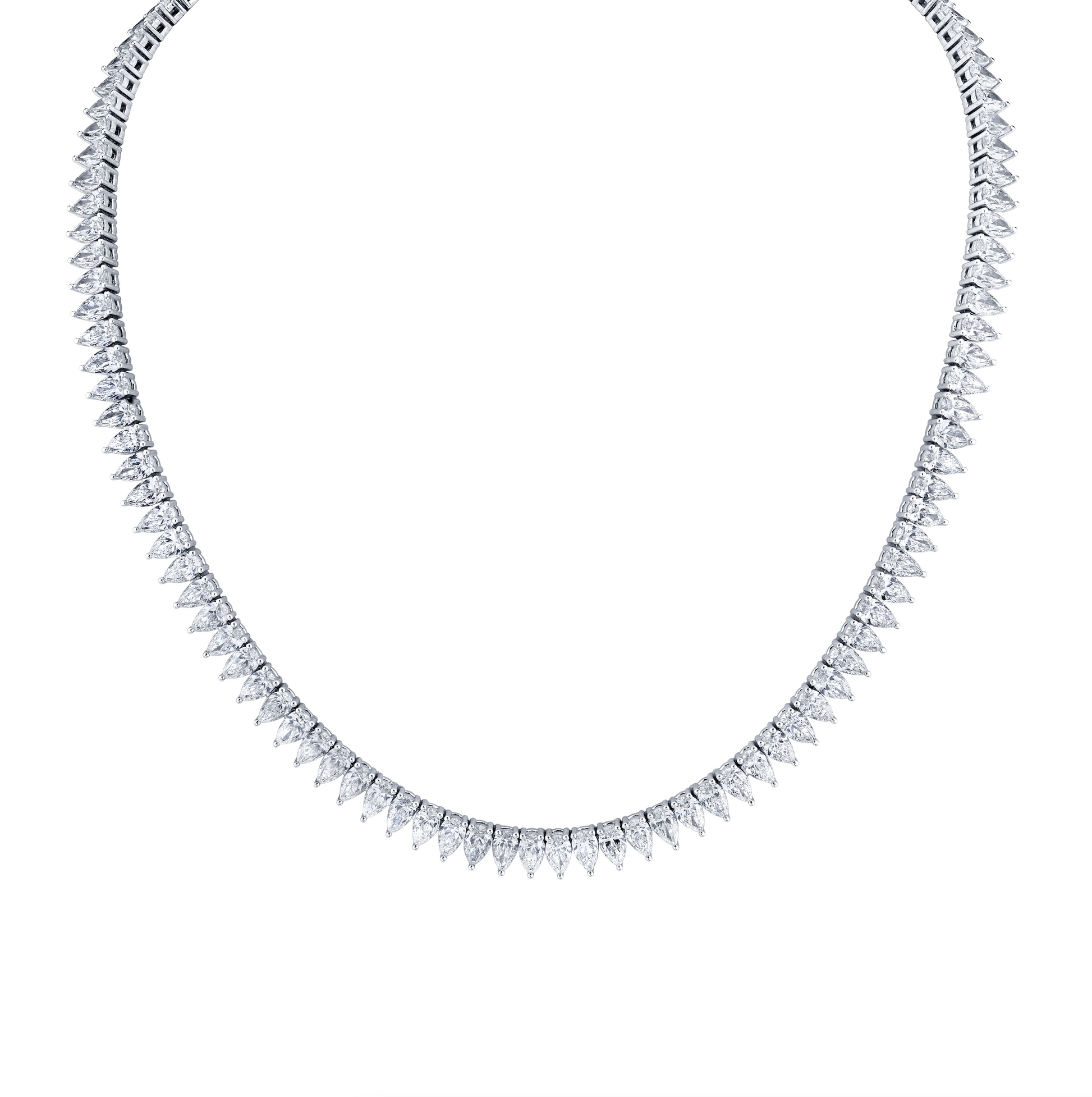 A straight line pear-shaped diamond necklace set in white gold.