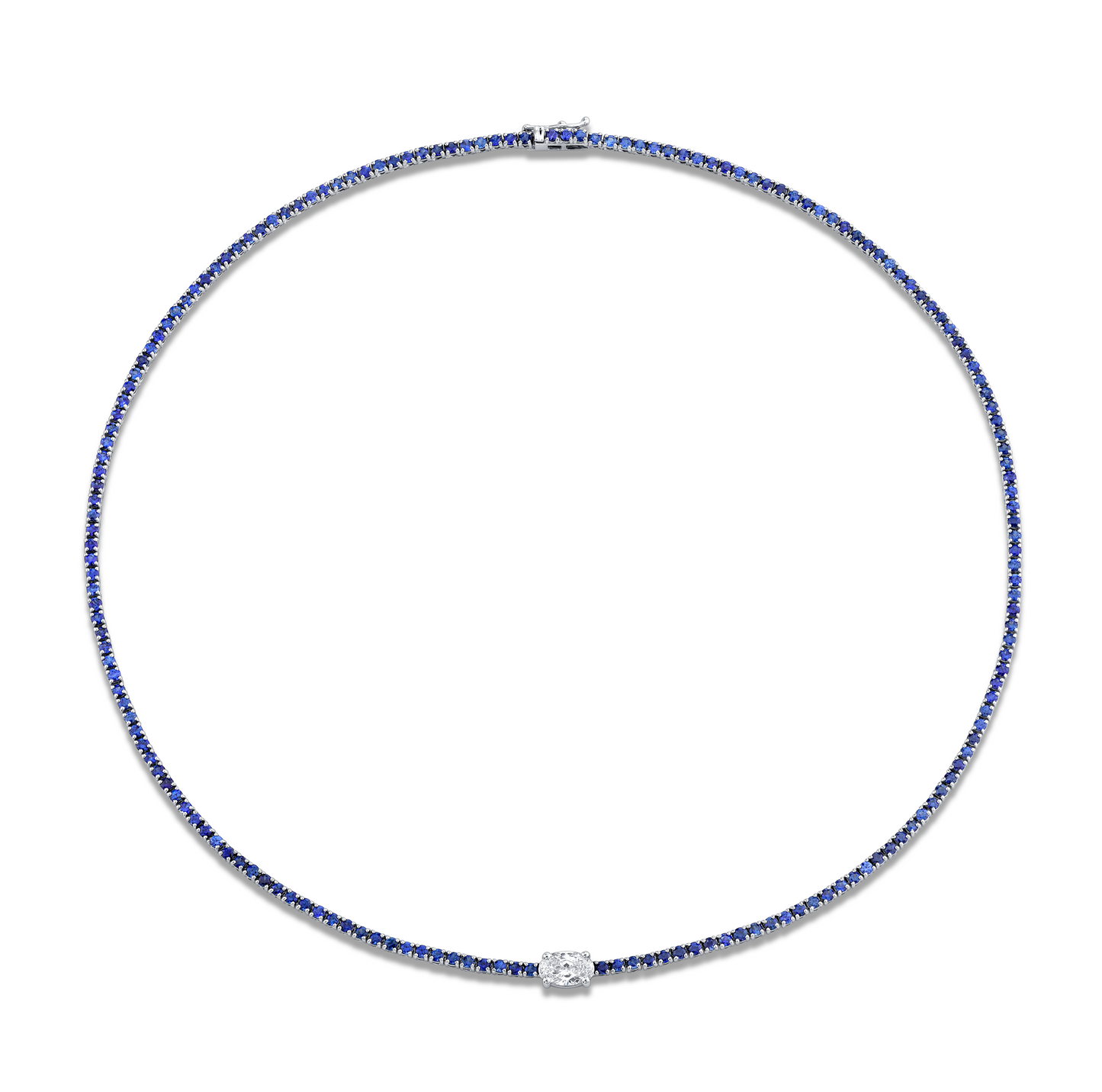 A straight line sapphire necklace with a diamond accent.