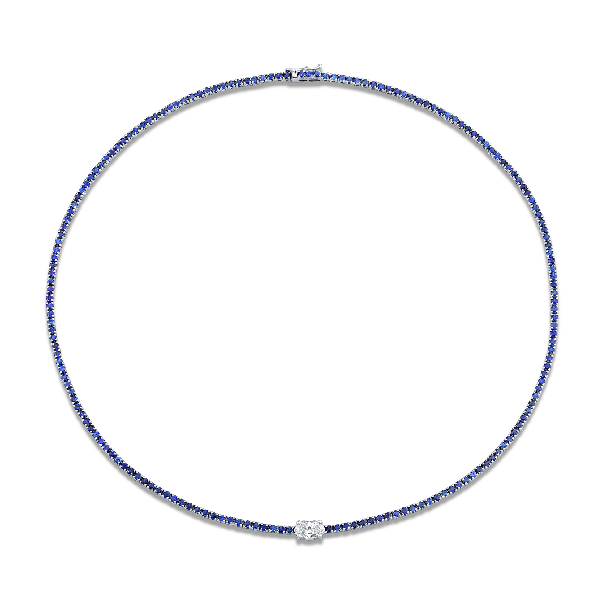 A straight line sapphire necklace with a diamond accent.