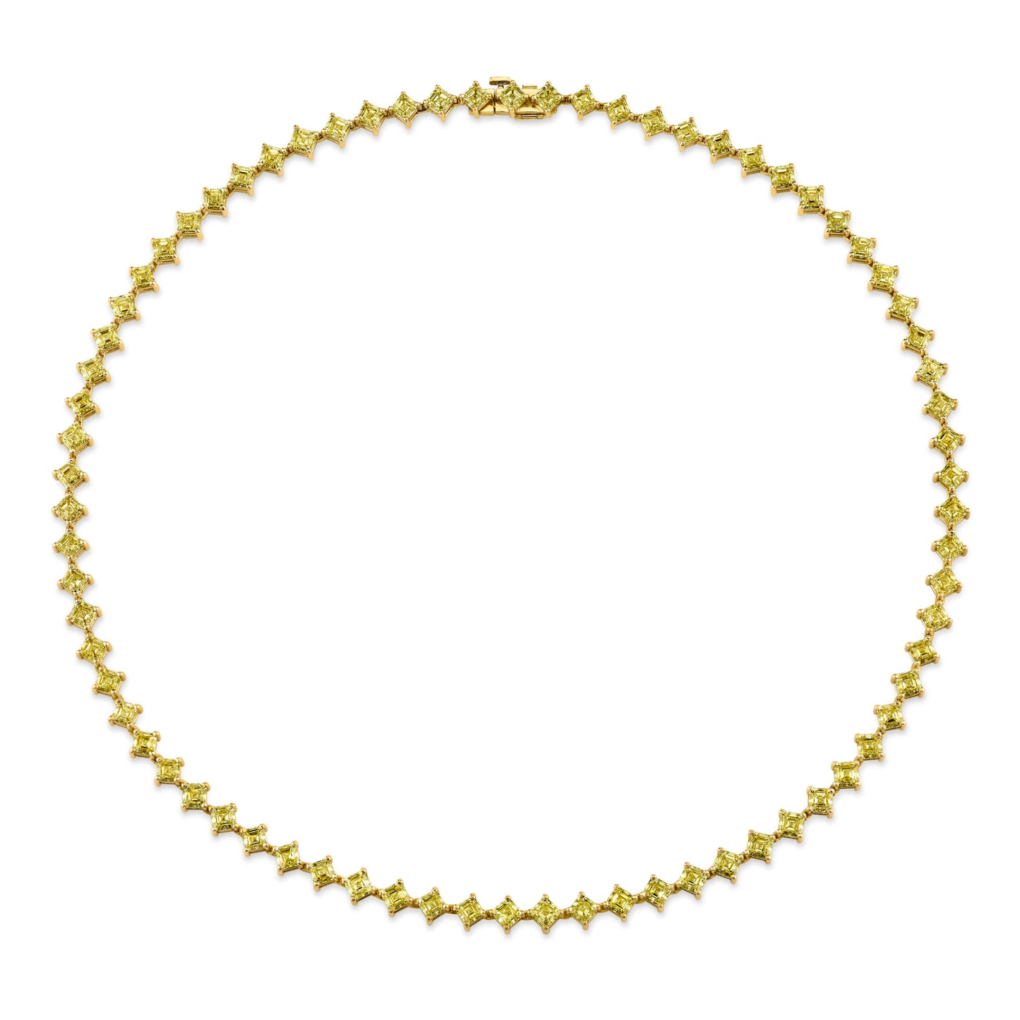 18k gold tennis necklace featuring a series of connected radiant yellow diamonds on a white background
