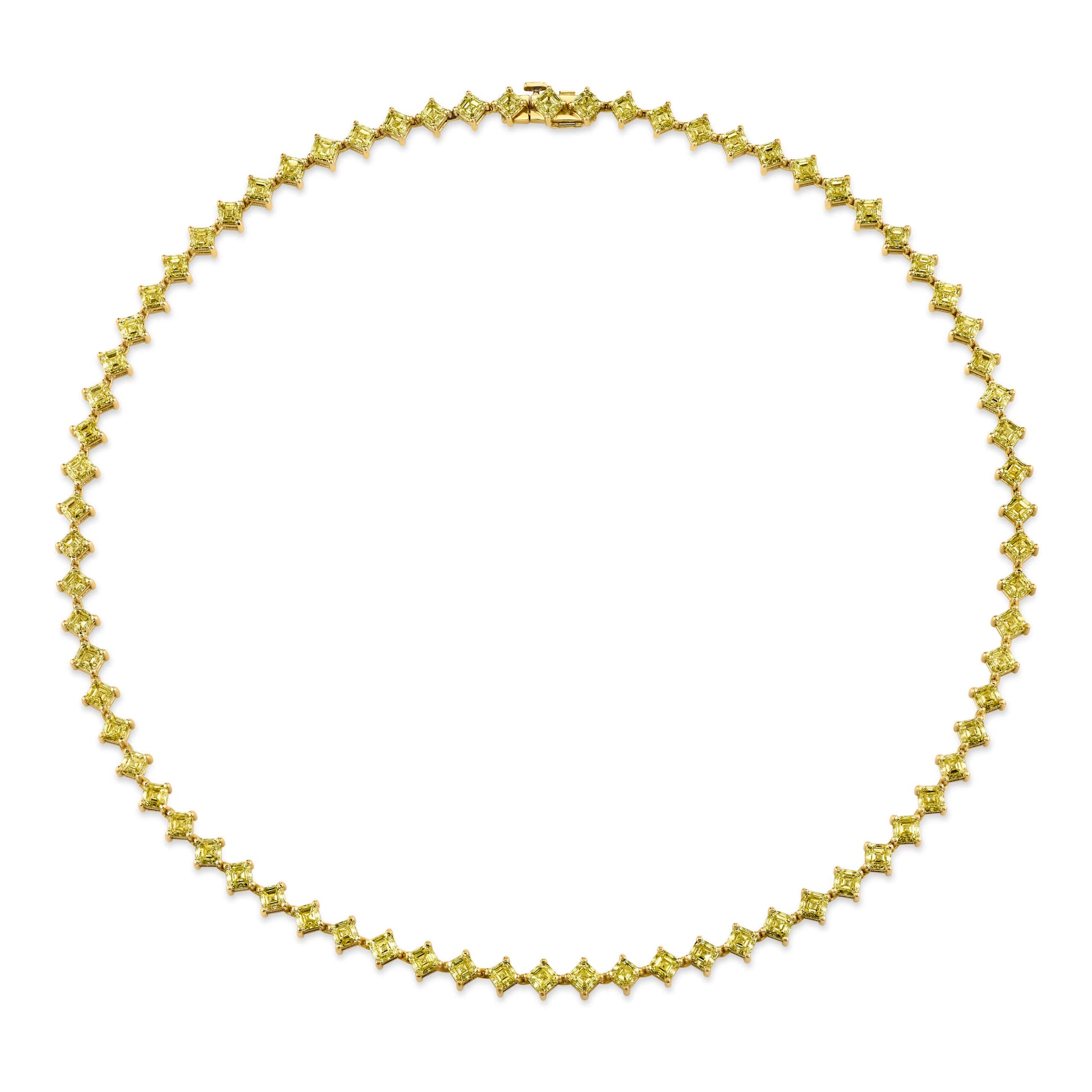 18k gold tennis necklace featuring a series of connected radiant yellow diamonds on a white background