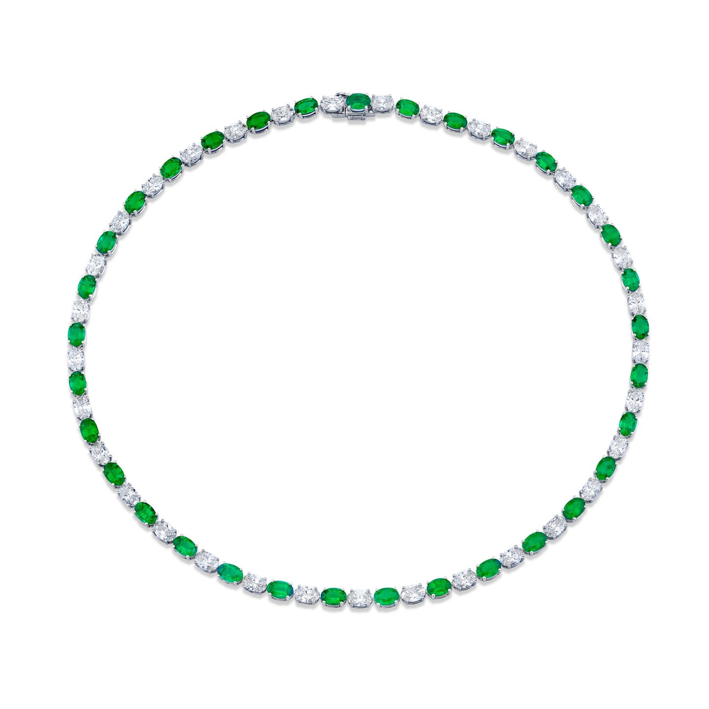 Alternating Oval-cut Diamonds and Green Emeralds Necklace