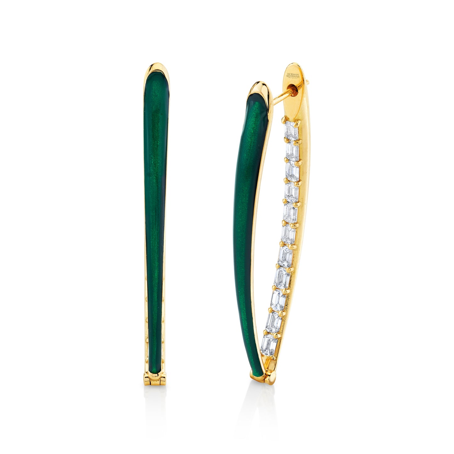Emerald Cut Diamonds and Green Enamel Earrings