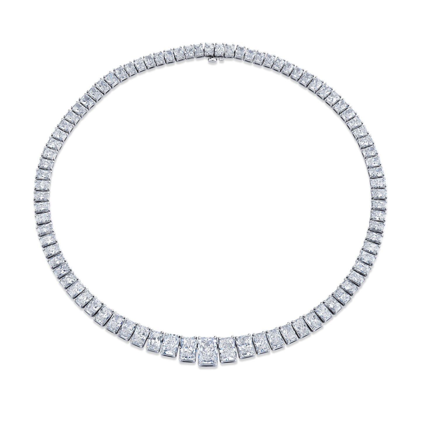 48.59 Carat Graduated Riviera Radiant Cut Diamond Necklace