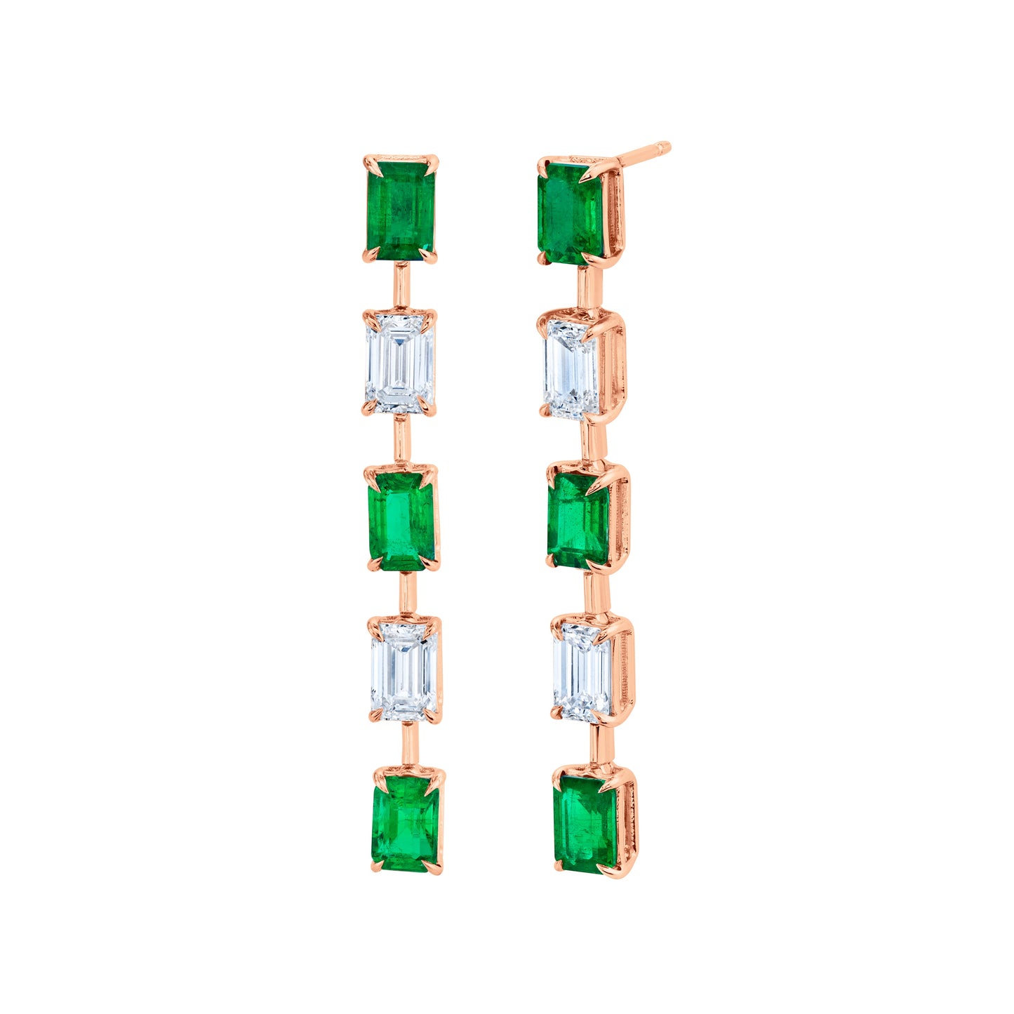Green Emeralds and Emerald-cut Diamond Earrings